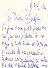 Portada:Tarjeta dirigida a Arthur Rubinstein. Ginebra (Suiza), 29-01-1982