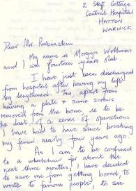 Portada:Carta dirigida a Arthur Rubinstein. Warwick (Inglaterra)