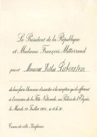 Tarjeta de invitación dirigida a Arthur Rubinstein. París (Francia), 14-07-1981