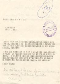 Portada:Telegrama dirigido a Arthur Rubinstein. Nueva York, 15-08-1975
