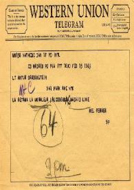 Portada:Telegrama dirigido a Arthur Rubinstein. Madrid (España), 15-02-1965