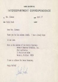 Portada:Carta dirigida a C. H. Clemans  (Secretaria de Arthur Rubinstein), 27-04-1976