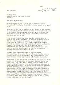 Portada:Carta dirigida a Shimon Peres (Primer Ministro del Estado de Israel), 25-07-1985