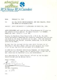 Portada:Carta circular de promoción de los discos de Arthur Rubinstein enviada a las televisiones y radios.