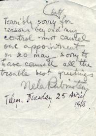 Portada:Telegrama enviado a Odette Golschman. París (Francia), 25-04-1978
