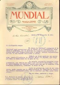 Portada:Siete copias de carta mecanografiada en papel de Mundial Magazine con firma manuscrita de Darío