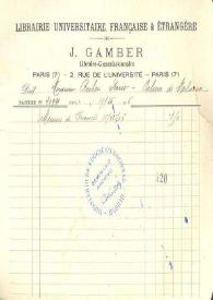 Portada:Nota manuscrita en vuelto de papel de la Librairie Universitaire Française &amp; Étrangère J. Gamber