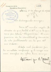 Portada:Carta manuscrita con membrete: \"Iregación de la República Argentina\"