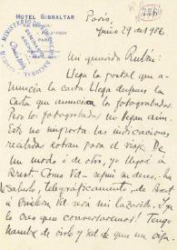 Portada:Carta manuscrita con membrete: \"Hotel Gibraltar … Paris …\"