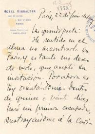 Portada:Carta manuscrita con membrete: \"Hotel Gibraltar … Paris …\"