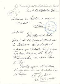 Portada:Carta manuscrita en francés con membrete: \"Consulat Général des Etats-Units du Brésil Paris ...\"