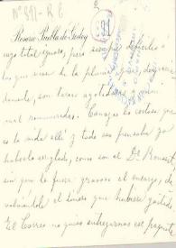 Portada:Tarjeta con nota manuscrita con membrete: \"Rosario Puebla de Godoy\"