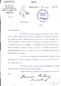 Portada:Carta mecanografiada con firma manuscrita y membrete de \"Rigoletto\" Diario de la tarde …