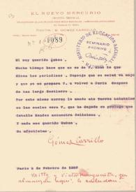 Portada:Carta mecanografida con membrete de El Nuevo Mercurio. Firma y nota manuscritas