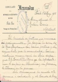 Portada:Memorándum manuscrito en papel del Consulado de la República de Nicaragua en París, Rubén Darío
