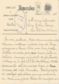 Portada:Memorándum manuscrito en papel del Consulado de la República de Nicaragua en París, Rubén Darío