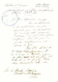 Portada:Carta manuscrita con membrete: \"República de Nicaragua, Consulado General en Francia\"