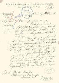 Portada:Carta manuscrita con membrete: \"Marché Extérieur et Colonial de France ...\"