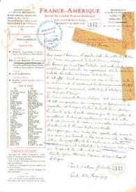 Portada:Carta manuscrita con membrete: \"France-Amérique Revue du Comité France-Amérique … \"