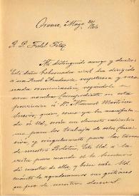 Portada:Carta de M. Macías a F. Fita comunicándole que Matías Rodríguez le ha envíado noticias y copia de una nueva inscripción de Astorga. Macías le adjunta a Fita la copia. No está junto con la carta. Sobre la inscripción de Persius (Astorga) envíada por Dessau / Cabildo de Astorga