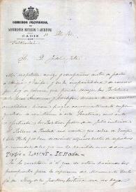 Portada:Carta de Francisco Asís Vera a Fidel Fita sobre el descubrimiento de sepulcros y monedas enTarifa y sobre presuspuesto para la restauración de la Cartuja de Jerez.