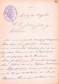 Portada:Carta de Francisco de Asís Vera a Fidel Fita enviándole unos manuscritos árabes y preguntando si ha recibido el calco de la inscripción de Algodonales