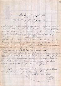 Portada:Carta de Francisco de Asís Vera a Fidel Fita en la que remite dos calcos d einscripciones adquiridas para el Museo que se hallaron en los desmontes de Punta de Vaca para que se publiquen en el Boletín