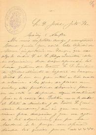 Portada:Carta de Francisco de Asís Vera a Fidel Fita informándole de otra inscripción de Tánger y la remisión de una foto de una cabeza marmorea hallada en Gibalbín