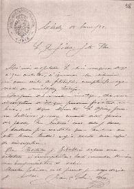 Portada:Carta de Francisco de Asís Vera a Fidel Fita sobre inscripciones de Tánger, Hortales y Gibalbín; comunica que también espera una estatua