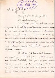 Portada:Carta de José María Valeta a F. Fita pidiéndole participe en un certamen literario con motivo de los festejos de Arenys de Mar. / Ateneo de Arenys de Mar.