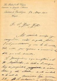 Portada:Carta de Gabriel Vergara a F. Fita sobre epígrafe de la casa de Constantino Mogilnicki, más datos sobre Marchamalo y le remite calco de otro epígrafe de Marchamalo reutilizado.