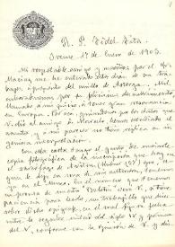 Portada:Carta de Arturo Vázquez a F. Fita acerca de un anillo medieval inscrito, del sarcófago de San Alvito y un epígrafe de Baños de Bande