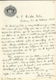 Portada:Carta de Arturo Vázquez a F. Fita agradeciéndole los elogios a la Comisión y remitiéndole los cliches de la inscripción del sarcófago.