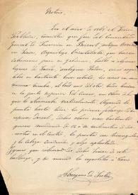 Portada:Nota manuscrita de J. V. Abarques Sostén, en poder de F. Fita sobre el hallazgo en 1868 de cinco esqueletos en Saida, la antigua Sidón por el Sr. Perthier / Consulado General de Francia