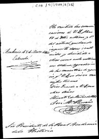 Portada:Carta en la que se manifiesta haber recibido las comunicaciones de la Real Academia relativas a las disposiciones sobre el mosaico hallado en Elche y en las que acepta obrar de acuerdo con ellas.