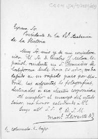 Portada:Carta en la que comunica que Eusebio J. Molera le ha dejado cuatro fotografías para remitir a la Real Academia de la Historia