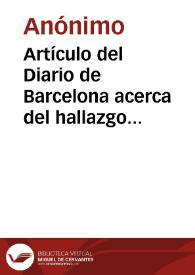 Portada:Artículo del Diario de Barcelona acerca del hallazgo de una inscripción romana en la Casa del Arcediano.