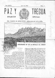 Portada:Ejemplar de \"Paz y Tregua\", Boletín oficial del Cuerpo de Somatenes Armados de Cataluña, relativo al 105 aniversario de la batalla del Bruch