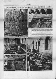 Portada:Página de \"La Vanguardia\" en la que se publican fotografías de las excavaciones realizadas en el Monasterio de San Cucufate del Vallés.