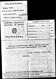 Portada:Telegrama en el que se ruega que exprese su reconocimiento a la Dirección General de Bellas Artes por la satisfactoria solución del asunto conventual Calera de León