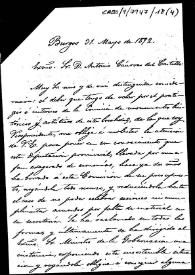 Portada:Carta en la que se expone la precaria situación económica que atraviesa la Comisión de Monumentos de Burgos. Se ruega interponga su influencia para que la Diputación provincial destine una partida presupuestaria, conforme a la legislación vigente y se evite de esta manera la disolución de la Comisión