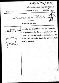 Portada:Carpetilla de expediente sobre la nueva directiva de la Comisión de Monumentos de Burgos para el trienio 1934-1936.