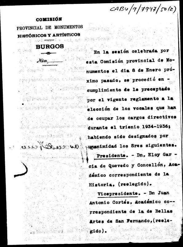 Oficio en el que se informa de la nueva directiva de la Comisión de Monumentos de Burgos para el trienio 1934-1936. | Biblioteca Virtual Miguel de Cervantes
