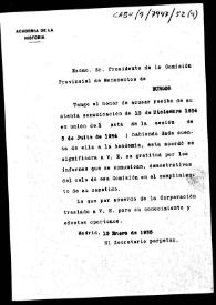 Portada:Minuta de oficio que acusa recibo de la copia del acta de la Comisión de Monumentos de Burgos celebrada el 5 de julio de 1934, al tiempo que se agradecen los informes que se comunican.