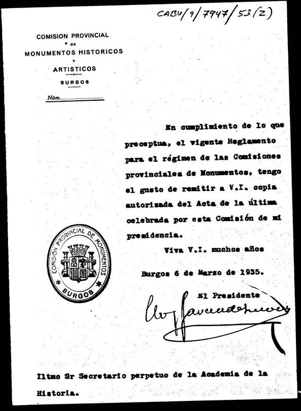 Oficio de remisión de la copia del acta de la sesión celebrada por la Comisión de Monumentos de Burgos el 12 de diciembre de 1934. | Biblioteca Virtual Miguel de Cervantes