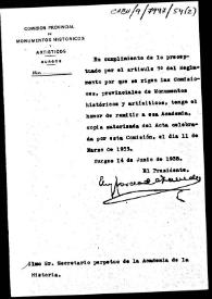 Portada:Oficio de remisión de la copia del acta de la sesión celebrada por la Comisión de Monumentos de Burgos el 11 de Marzo de 1935