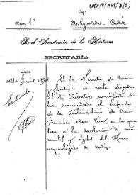 Portada:Carpetilla de expediente sobre la devolución de los documentos y objetos al Museo Arqueológico de Cádiz que poseía Francisco de Asís Vera