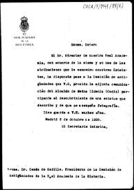 Portada:Minuta de oficio en la que se solicita informe de la Comisión de Antigüedades acerca de la estatua romana hallada en Medina Sidonia