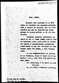 Portada:Minuta de oficio en la que se le agradece la remisión de las fotografías del casco griego hallado en el río Guadalete