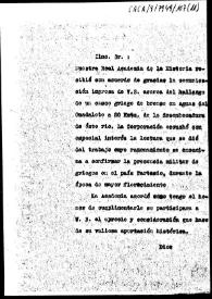 Portada:Minuta de oficio en la que se le agradece su comunicación impresa acerca del descubrimiento de un casco griego en el río Guadalete